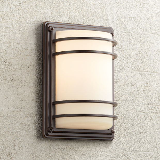 Modern Outdoor Wall Light Fixture Rubbed Bronze 11" Opal Glass Sconce